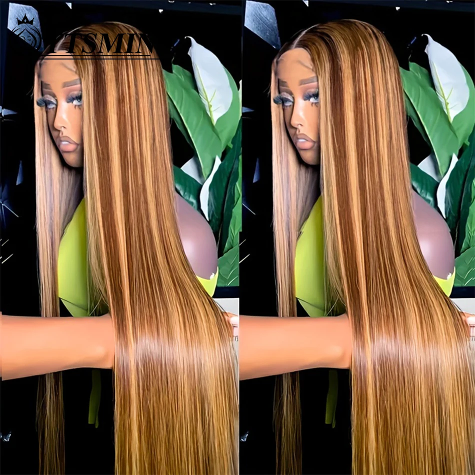 

Highlight Ombre Lace Closure Wig Human Hair Pre Cut HD Glueless Long Straight 4/27 Honey Blonde Lace Front Wigs Pre Plucked 180%