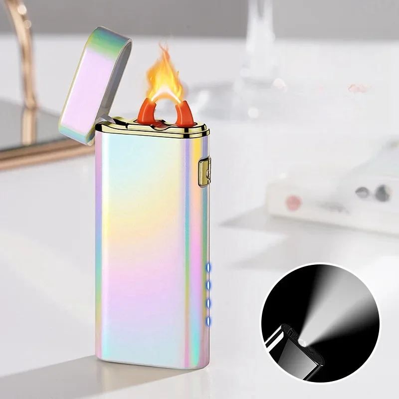 Metal Large Arc Fire Lighter USB Rechargeable Plasma Flameless Lighter Power Display LED Flashing Light Type-C Electric Lighter