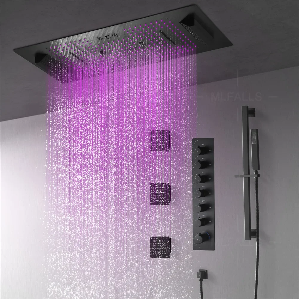 Luxurious Music Large Thermostatic 64 LED  Colors Rainfall Shower System Six Functions Shower Faucet Set