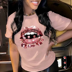 Sexy Lips Diamond Print Fashion Female Y2K Clothing Summer Trend O-neck Women's T-shirts Loose Casual Short Sleeves Tops 2024