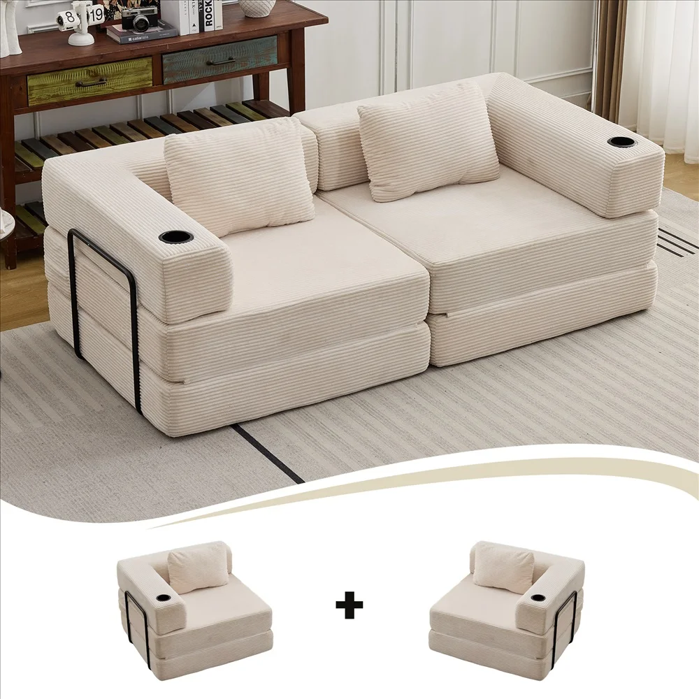 Modernes Frei Kombinierbares Modulares Ecksofa Olivgrüner Cord Convertible Couch mit Getränkehaltern Platzsparende Möbel – Detail 15