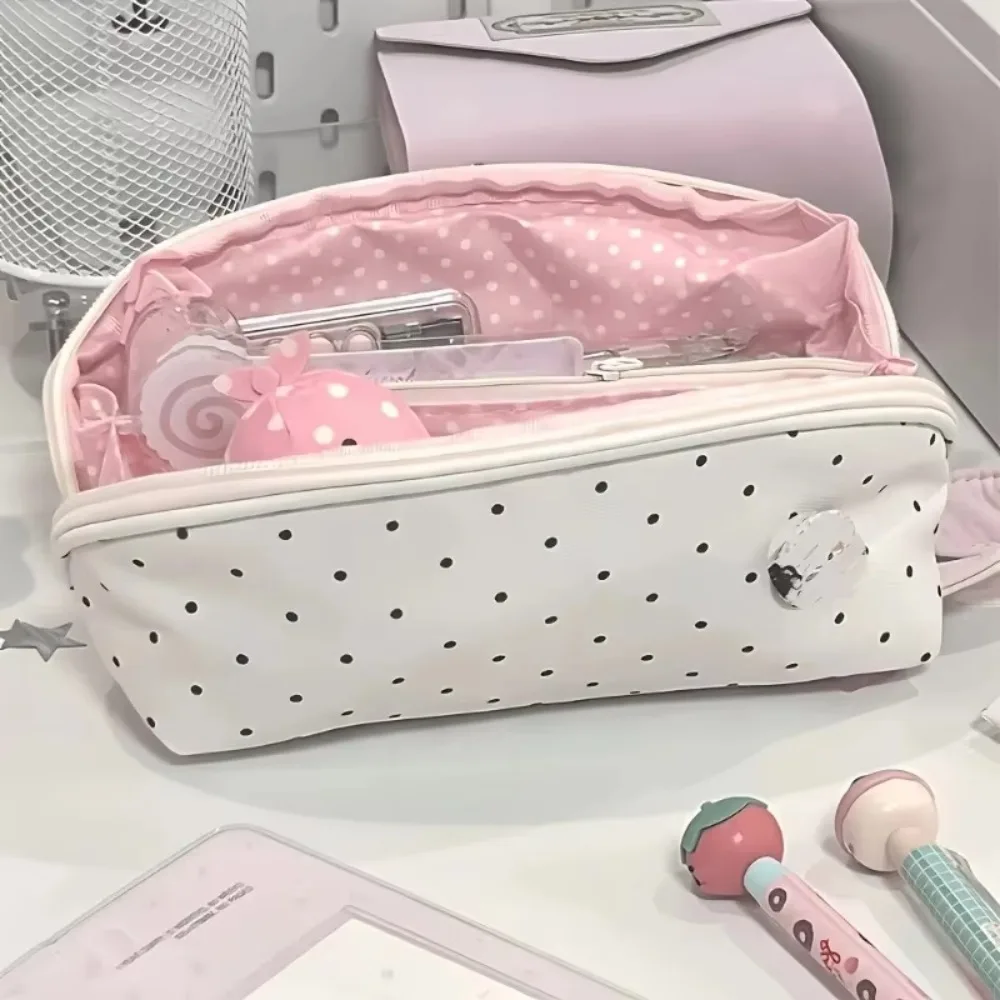 Estojo de lápis com padrão de bolinhas, bolsa multifuncional para guardar material de escritório, grande capacidade, ideal para canetas, presente para uso diário dos estudantes.
