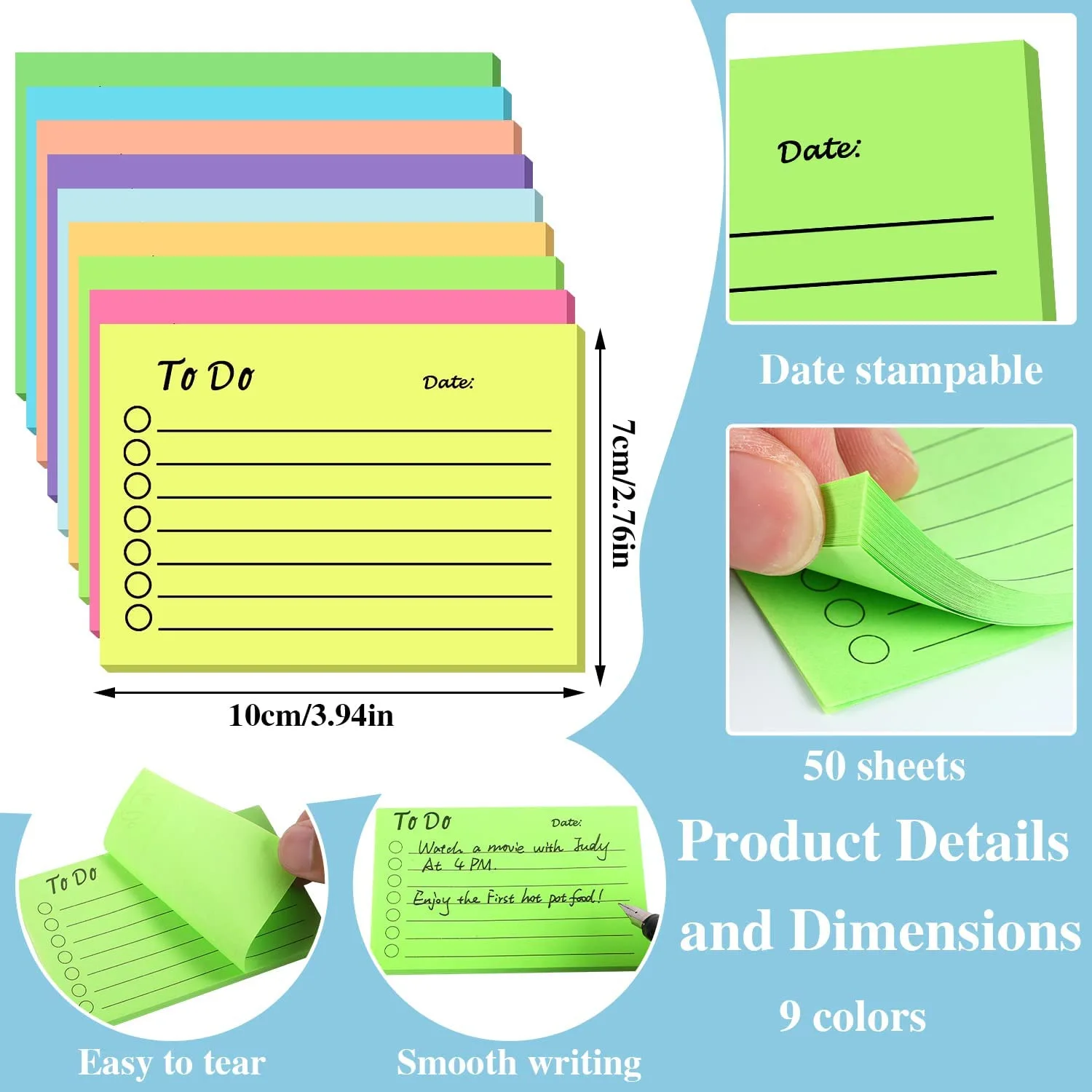 50sheets/set 9-color Fluorescent Color Sticky Notes / Multi-color Notepad / Enhanced Stickiness / Office Learning Plan Book