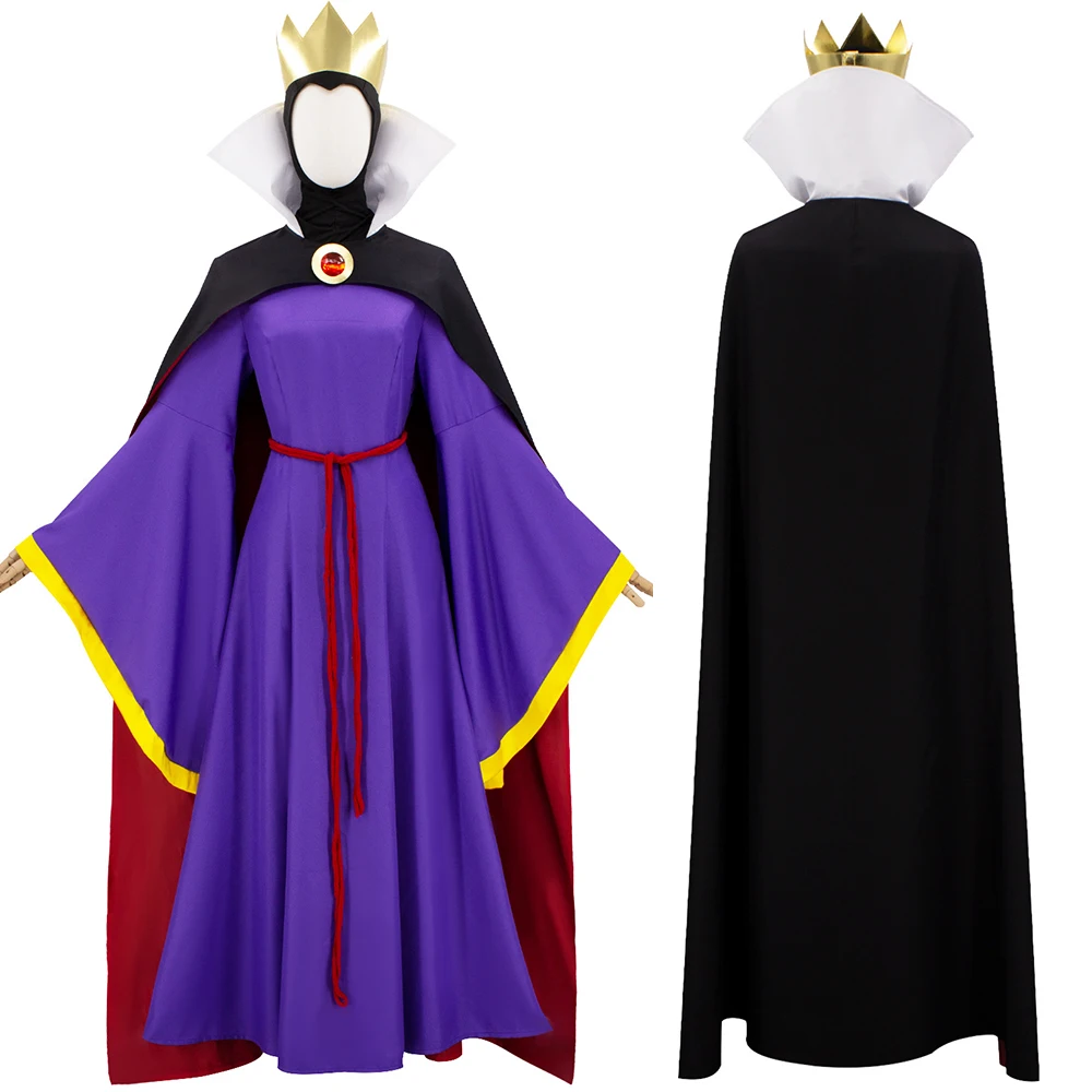 

Evil Queen Inspired Cosplay Costume Set, Purple Gown with Black Cape, Red Belt & Golden Crown for Halloween & Themed Events
