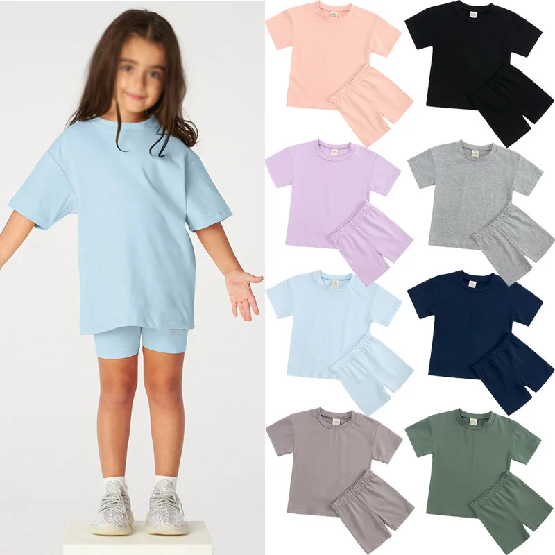 2024 New Little Kids Baby Girls Clothes 2 Pieces Tracksuit Set Oversized Short Sleeve Cotton T-shirt+Shorts Cozy Leggins 9M-8Y