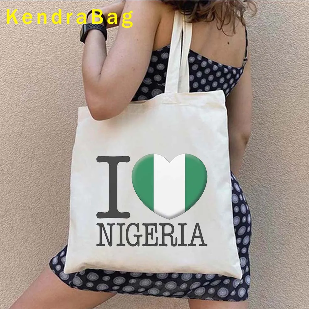 Nigeria Country Map Flag Abuja Lagos Nigerian Girl Patriotic Gift Love Heart Women Canvas Shoulder Tote Bag Shopper Cute Handbag