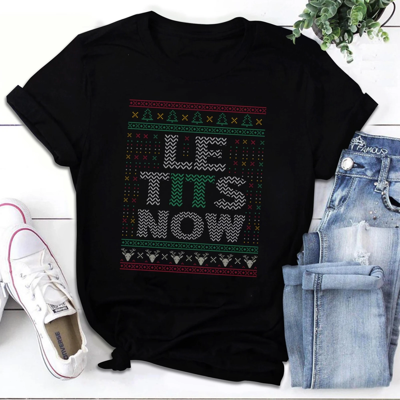 

Le Tits Now Christmas Let It Snow Ugly Funny Party New Style Street Fashion Letters T-Shirt Loose Casual Tops Tee Shirt Short