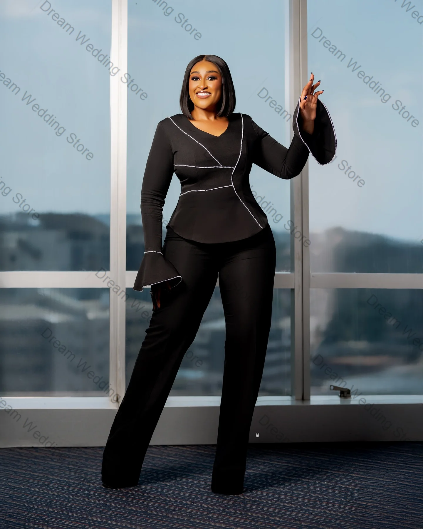 

Pearls Black Women Suit Set 2 Pcs Blazer+Pants Luxury Formal Office Lady Jacket Customized Guest Wedding Tuxedos Guest Coat