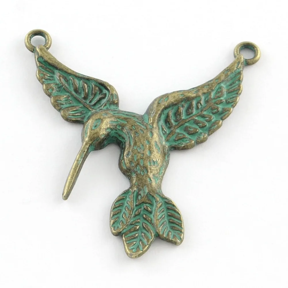 5 Stück Kolibri-Anhänger aus Zinklegierung, kadmiumfrei, nickelfrei, bleifrei, antike Bronze, grüne Patina, 40 x 38 x 3 mm, Loch: 2 mm