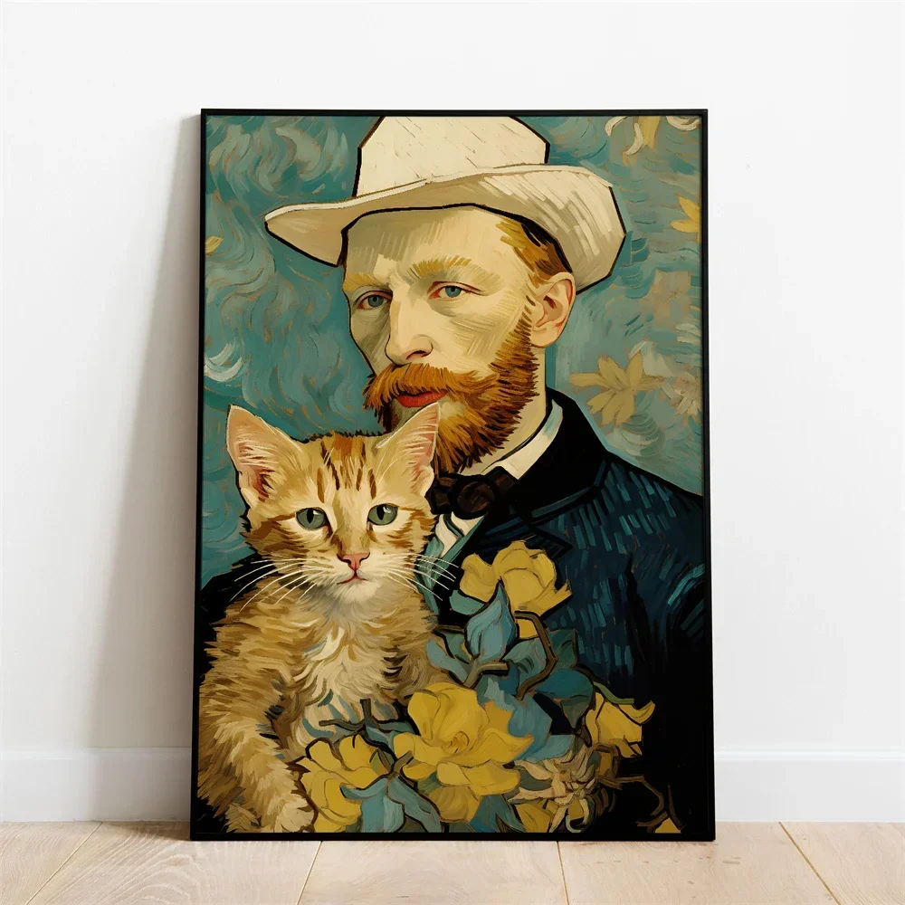 (No frame)Vincent Van Gogh Poster Floral Companionship Art Print Van Gogh Cat Print Poster Living Room Decor Sweet Wall Art C