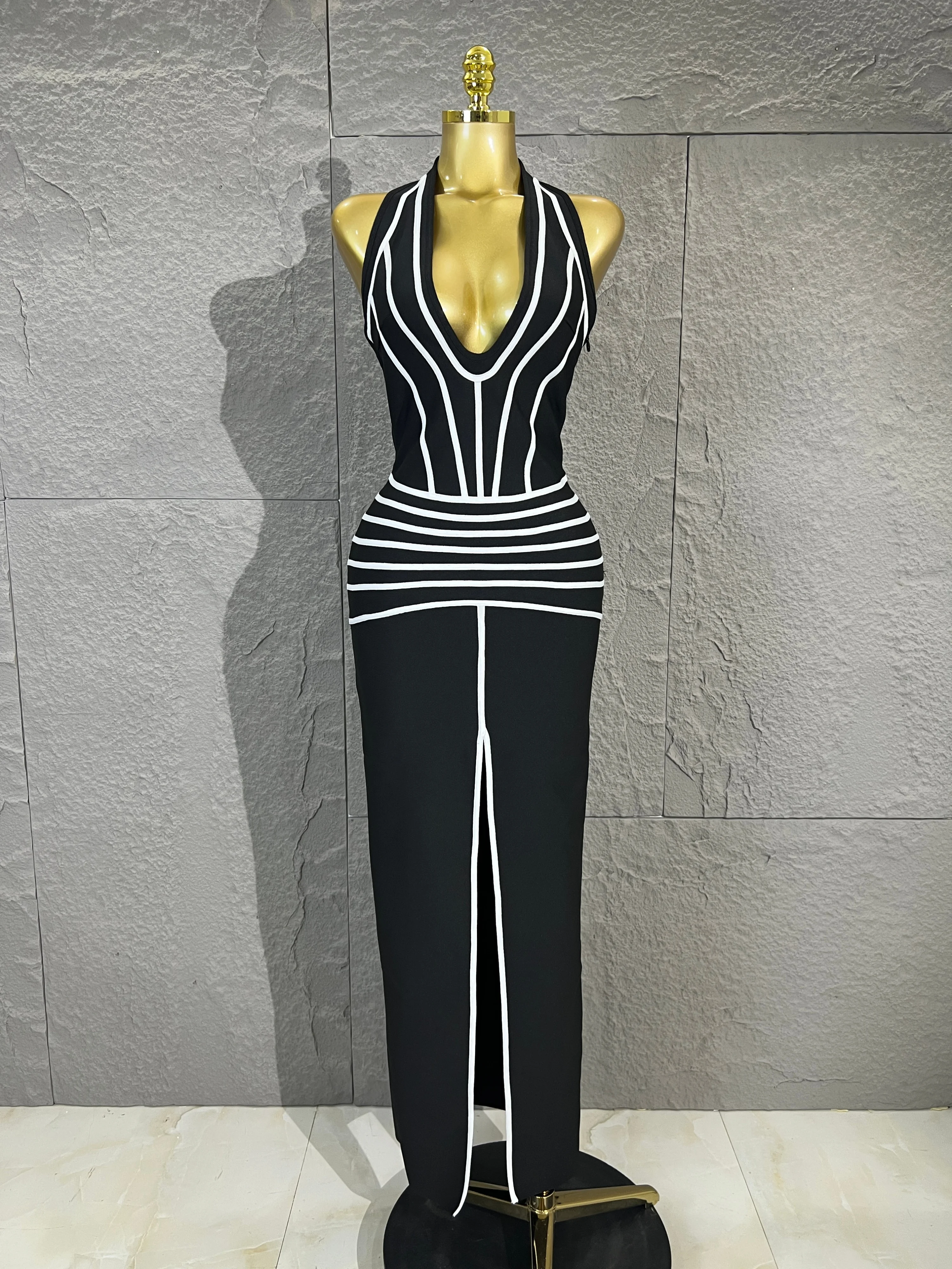 Women Halter Bandage Maxi Dress Deep VNeck Contrast Striped Bodycon Slit LongEvening Party Gown