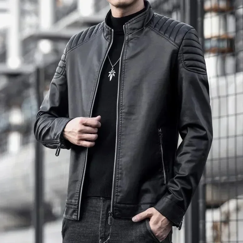NEUE Frühlings-Motorradjacke aus PU-Leder für Herren, Lederjacke mit Stehkragen, lässiger Windbreaker, trendige Herrenbekleidung – Detail 4