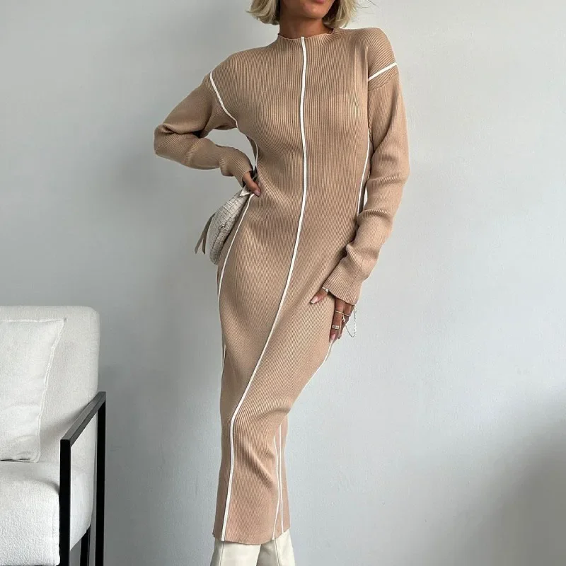 TARUXY Elegant Line Knitted Dress For Women Slim Fit Hip-Covering Long Sleeve Round Neck Long Dresses 2024 Autumn Commuting New