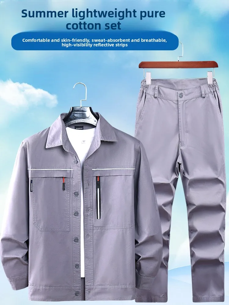 

Men's Summer Work orm Set Pure Cotton Thin Long Sve Welding Protective Clothing Breathable Wear Resistant Workwear