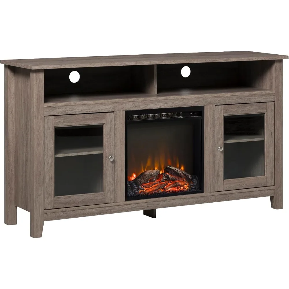 Soporte de TV con puerta de cristal estilo rústico estilo granja para 65 televisores, 58 de ancho, acabado de madera flotante, consola multimedia para chimenea Highboy