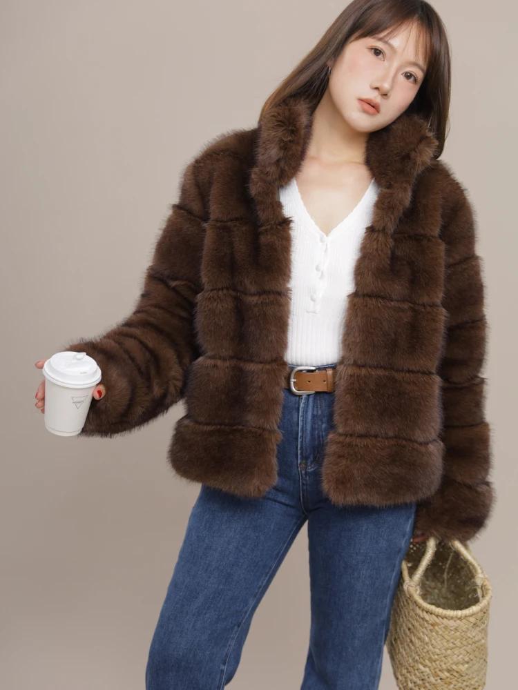 Vintage Texture Coffee Brown Invisible Bule Eco-friendly Cosite Leather Fur Ohmyloli Faionable Long Sve Commute Coat