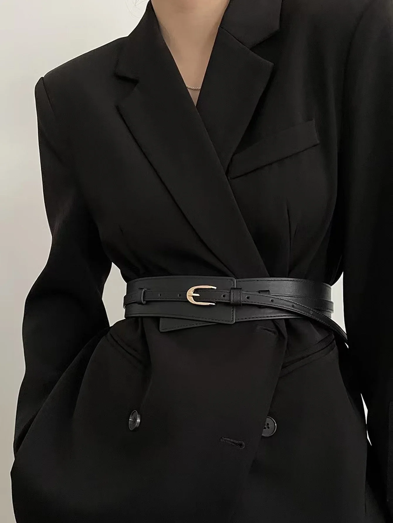 Women's Woven-over Coat, Black Waist, Wide-elastic elastic Tite Waist, Fashion Ty-in Suit Sweaters