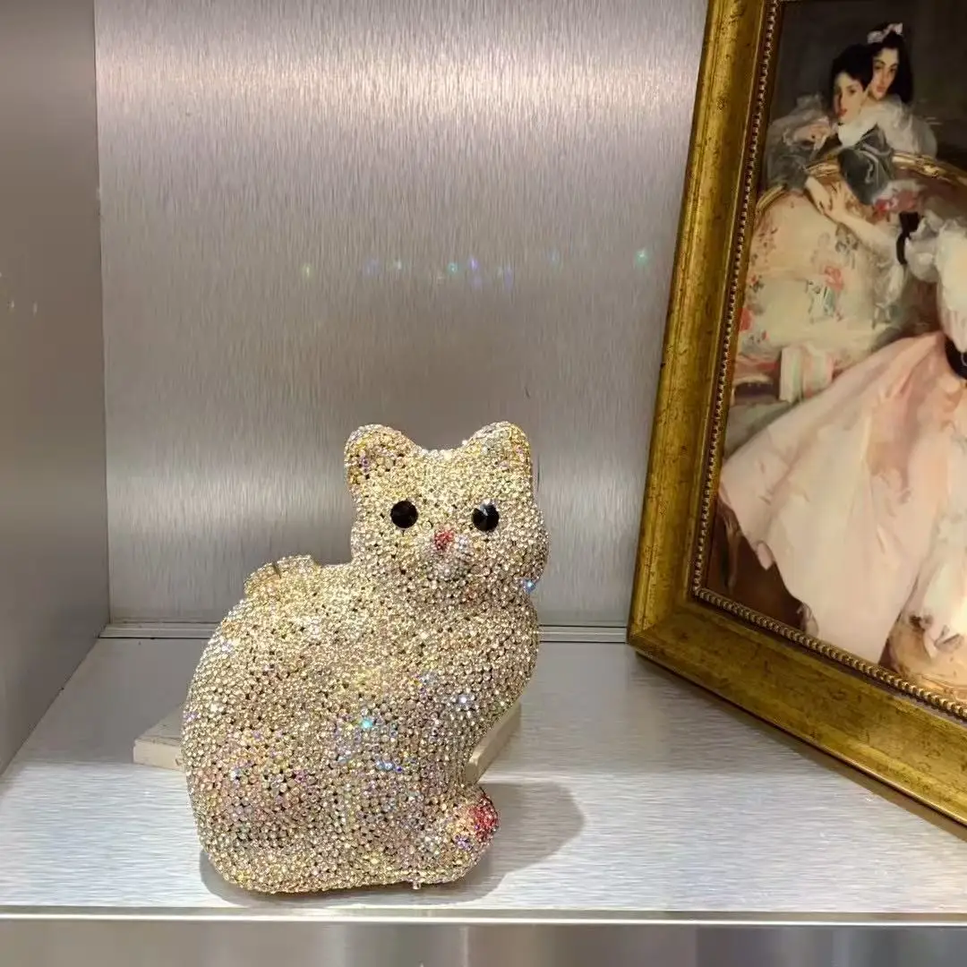 Gold Cute Cat Shape Women Handbag Wedding Party Crystal Rhinestones Diamond Clutch Purse Luxury Glitter Evening Bag Shoulder Bag - Image 2