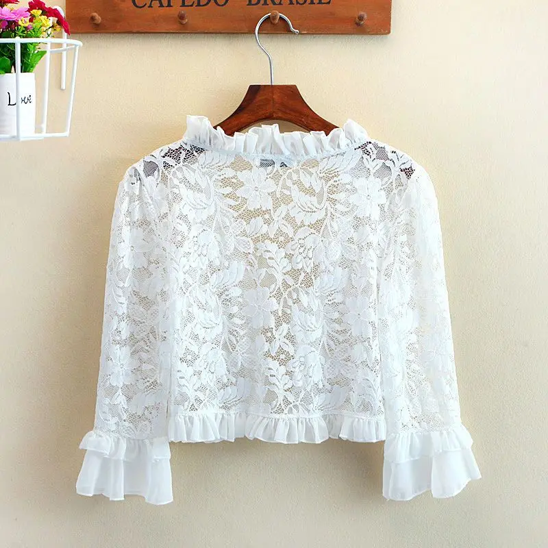 2024 Summer Women\'s T-Shirt Thin Womens Cardigan Lace Hollow Lotus Leaf Sleeves Korean Fashion Casual Sun Protection Top Women