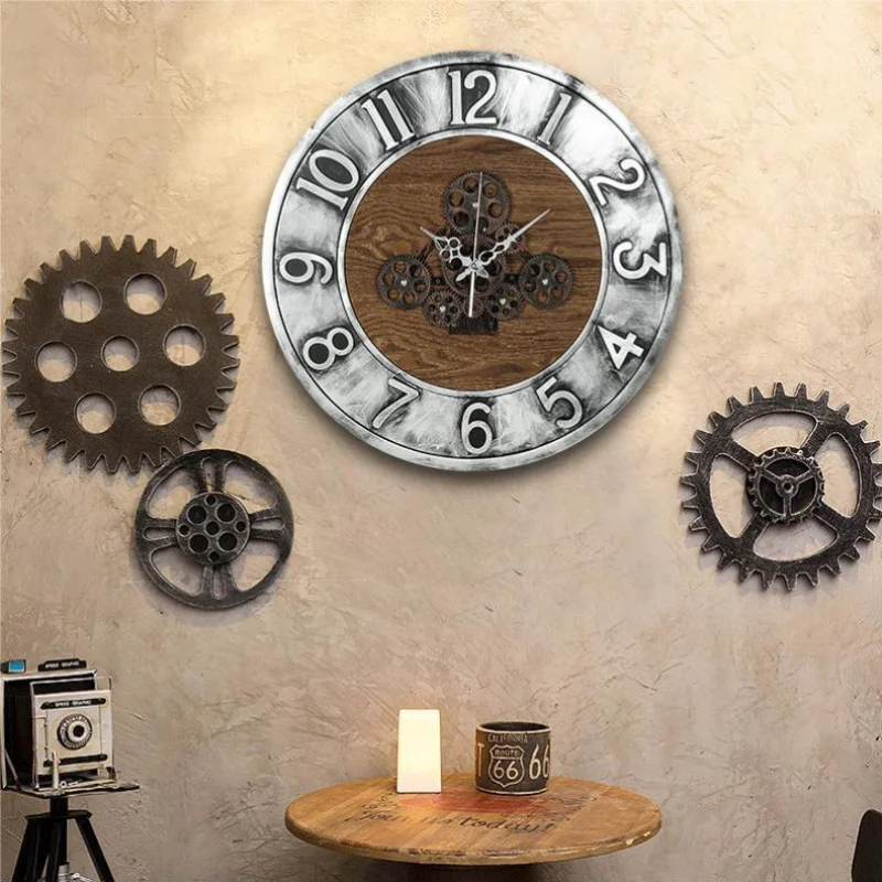 Vintage Dynamic Gear Wall Clock Creative Artificial Aging Art Decorative Clock Mechanical Style Quartz Watch Home Decoration