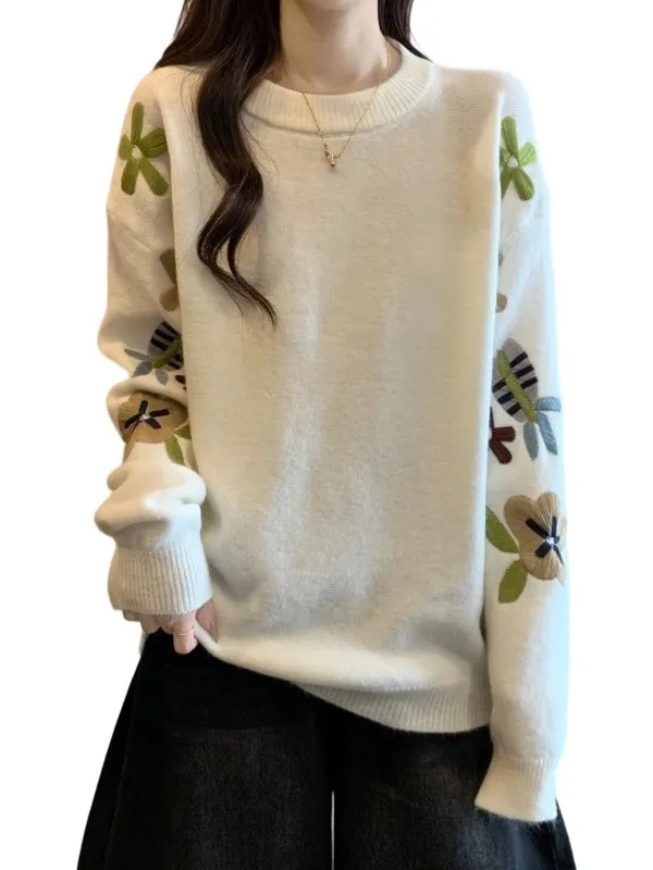 한국 스타일 헤비 자수 니트 스웨터 여성용 루즈 패션 가을 겨울 플러스 사이즈 슬림 레이지 패션 스웨터