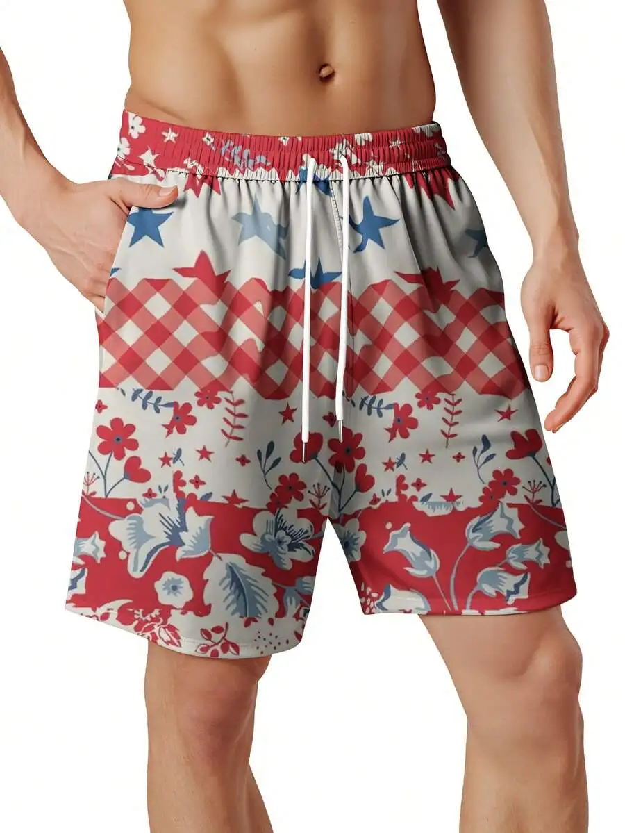 

Mens Patriotic Floral Print Swim Trunks Red White Blue Beach Board Shorts