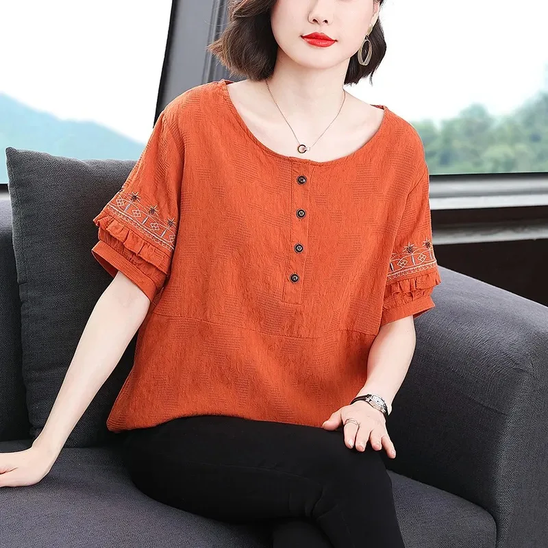 Women's Cotton Embroidered Short Sleeve T-Shirt Round Neck Summer New Loose Belly Covering Literary Middle-Aged Mom Top