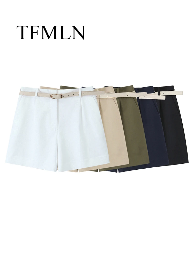 TFMLN Women's High Waisted Shorts With Belt 2024 Summer Fashion Street Wear Shorts Casual Pockets Shorts