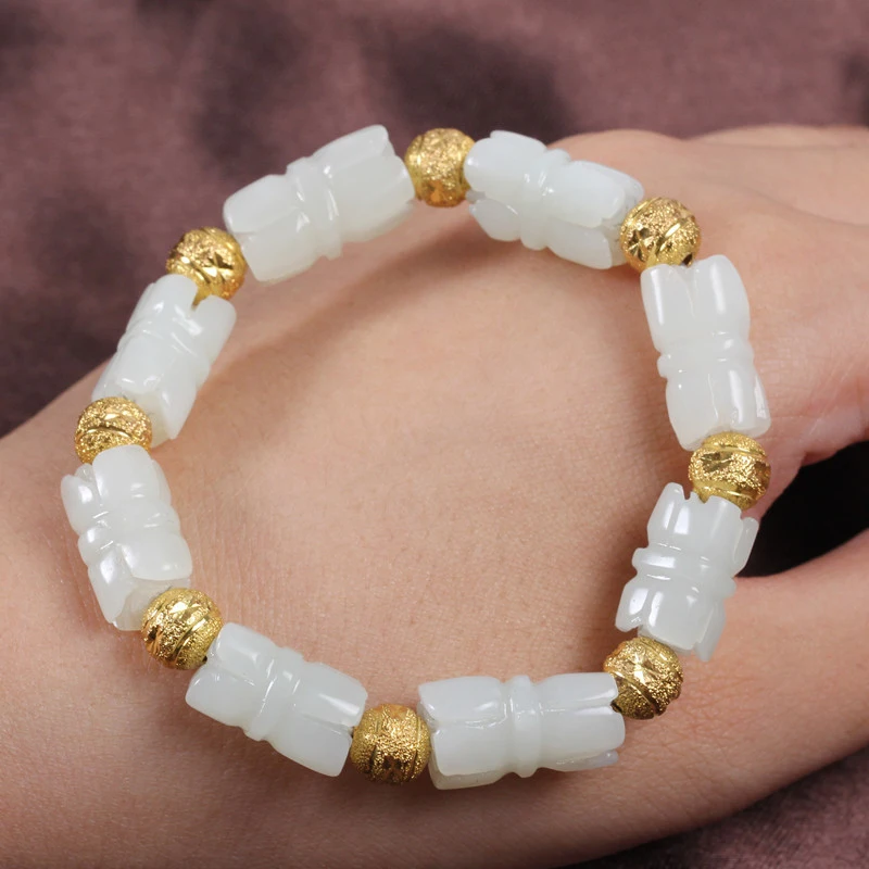 Hotan with White and Gold Foil Beads, Women's Jade Bracelet Jewelry
