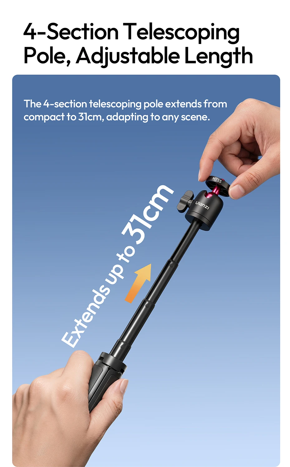 Ulanzi MT55 SnapGo Mini Selfie-Stick Stativ 360 ° Verstellbarer Winkel Immersiver POV 1/4'' Halter für Kamera, Handy, Videoleuchte – Detail 15