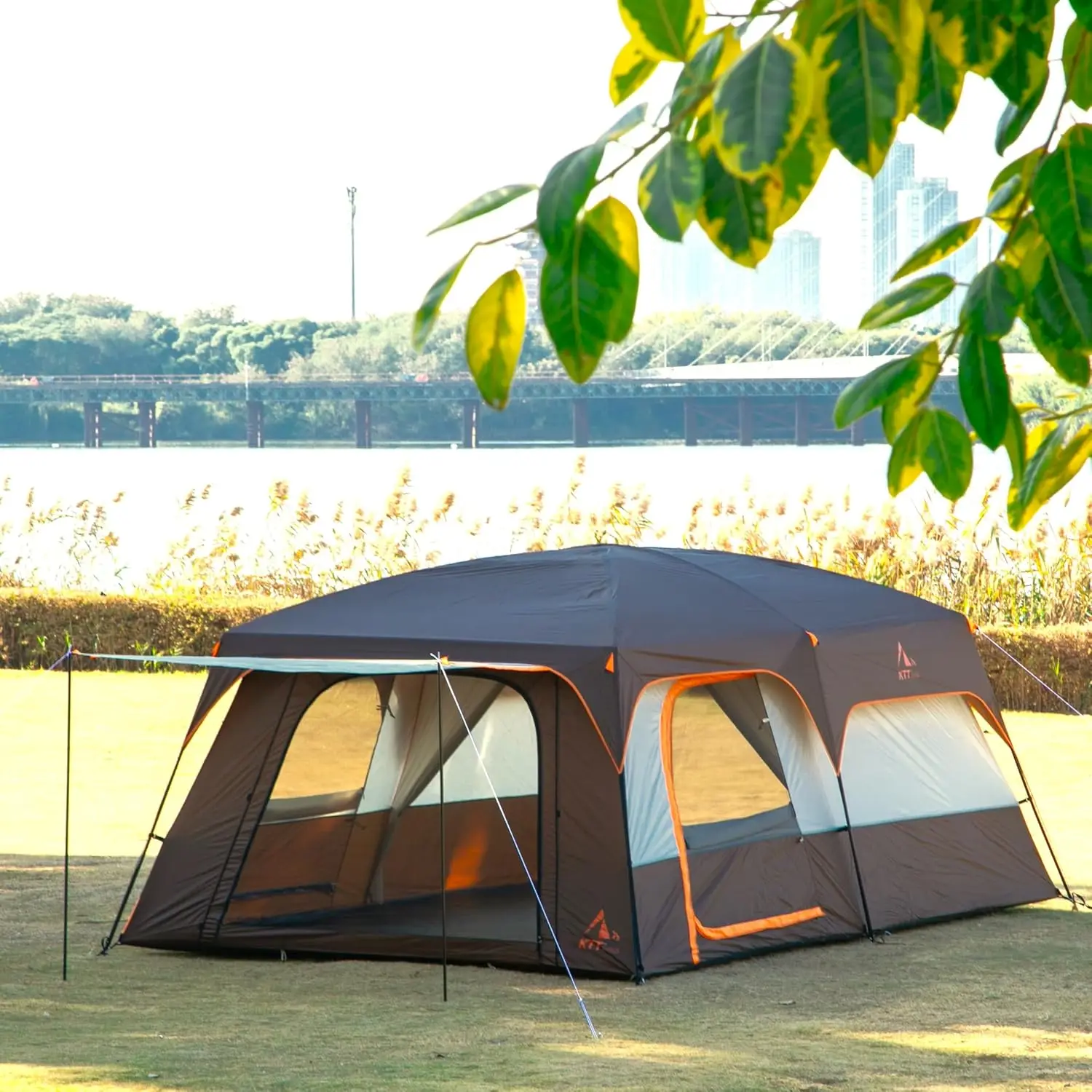 Large Cabin Tent 10 12 14 Person Two Rooms Three Doors Mesh Windows Straight Wall Waterproof Double Layer Outdoor Picnic Camping