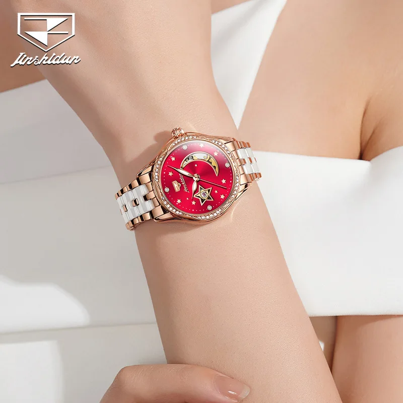 JSDUN 8962 Women's Automatic Mechanical Watch Open Heart Star Moon Dial Ceramic Steel Bracelet 30m Water Resistant Dress Watch
