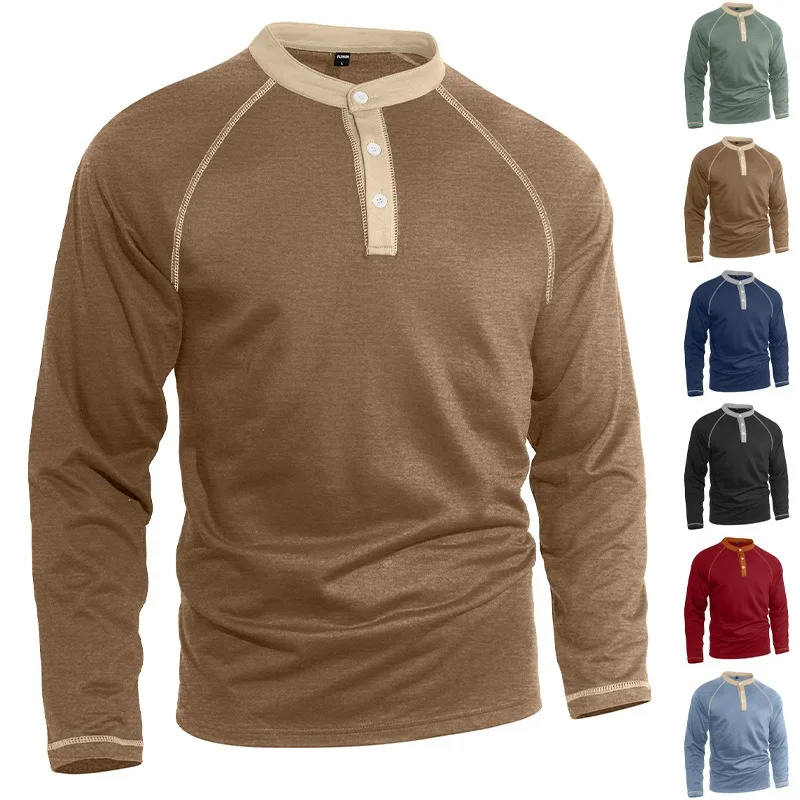 

Мужская футболка с воротником-стойкой и цветными вставками, на пуговицах, с длинным рукавом, для спорта и отдыха, коллекция Весна-Осень 2026