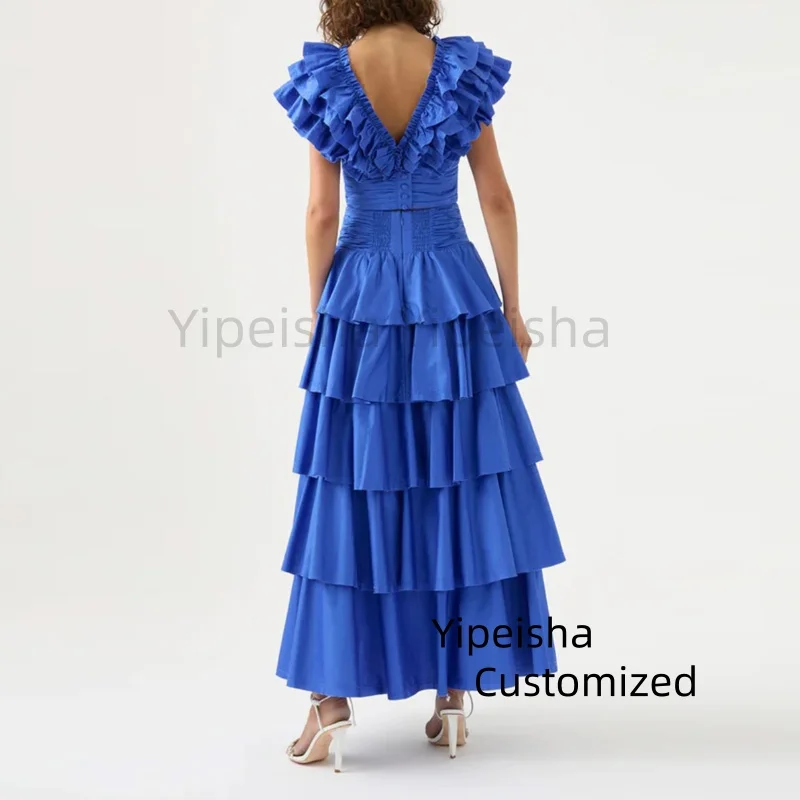 Personalizado na moda em camadas maxi vestido plissado cintura alta longo vestido de noite babados fosco cetim feminino formal vestido de festa de baile