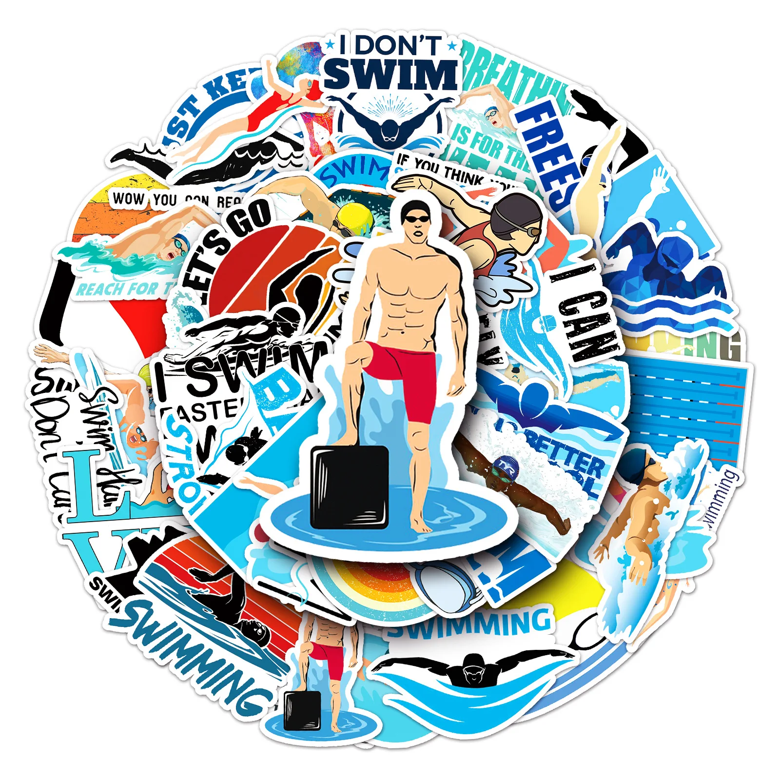 50 Stück Schwimm-Cartoon-Aufkleber für Laptops, Handys, Skateboards, Gepäck, verschiedene lustige Aufkleber für Geschenke, Partygeschenke.