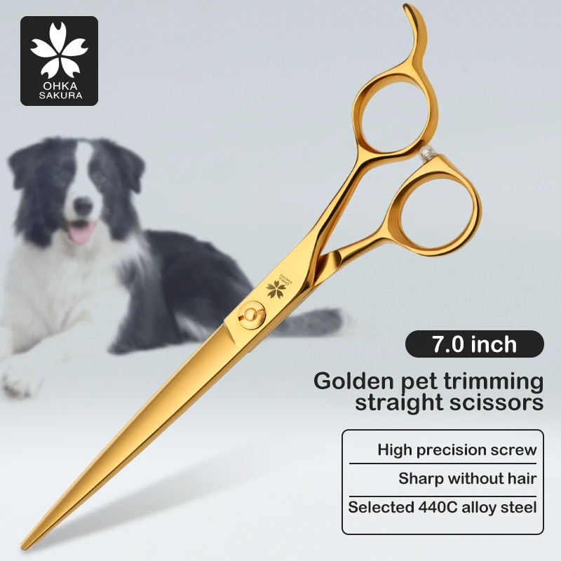 Professional Pet Grooming Scissors Golden Finishing Straight Scissors 7 Inch Flat Shearing Tools Dog Scissors Hair Trimmer