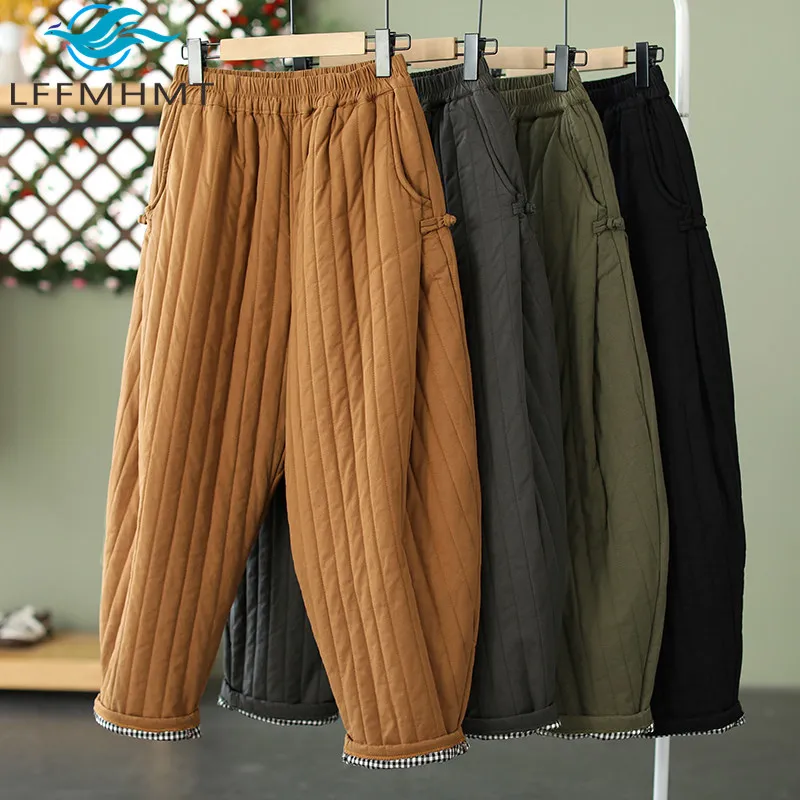 Winter Fall Fashion Women's Elastic Waist Cotton Padded Thicken Warm Pants Female Loose Casual Warm Vintage Quilted Trouser