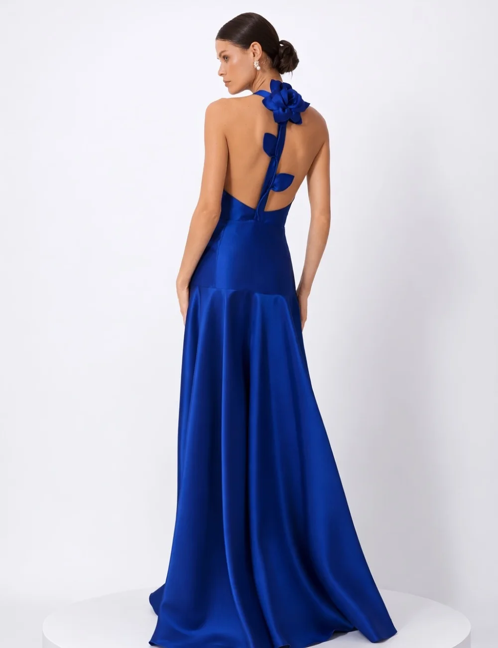 

Customized Blue Sexy Unisex Handmade Flower Pleat A-line Halter Long Dresses Evening Dresses Sizes Available Modern Style