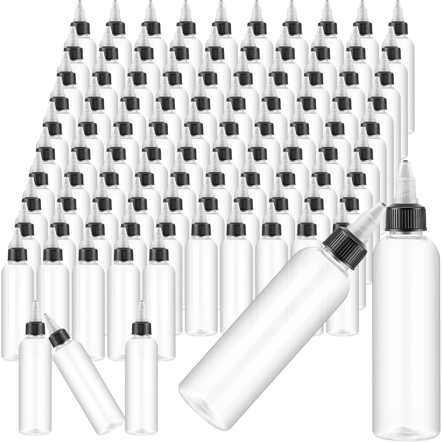 100 Stück 30/50/60ml durchsichtige Quetschflaschen mit Drehverschluss, leere kleine runde nachfüllbare Plastikflaschen für Öl und Flüssigkeiten – Detail 1