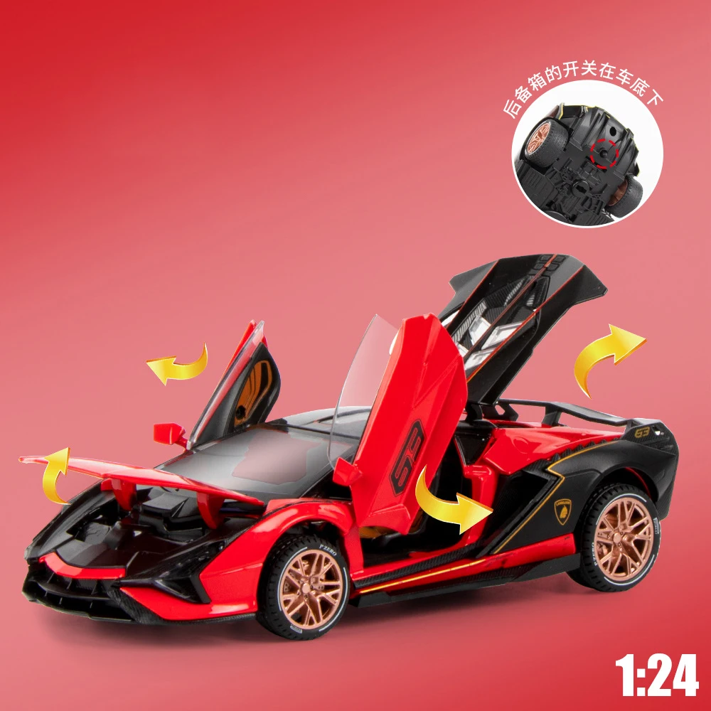 1:24 Lamborghini Sian FKP37 pressofusi per auto in lega e veicoli giocattolo modello di auto suono e luce tirare indietro giocattoli per auto regali