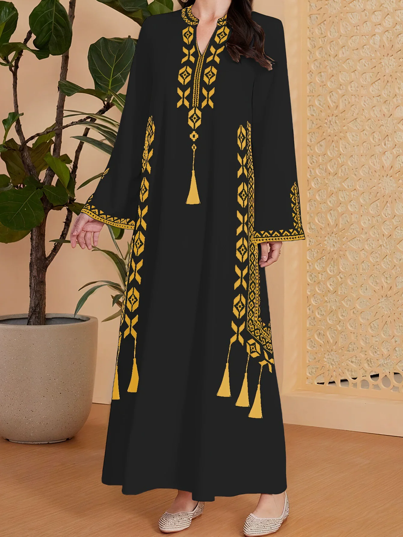 中東ラマダンムスリム高級ファッション女性用サウジアラビア・ドバイプリントVネックローブアラブ民族風プリントドレス