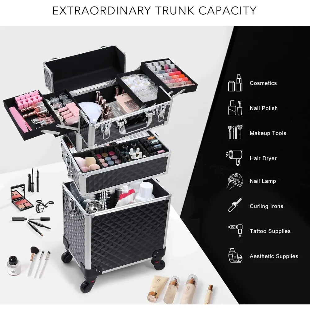 Professional 3-in-1 Rolling Makeup Train Case with Large Storage, Swivel Wheels, and Lockable Keys for Salon and Barber Use