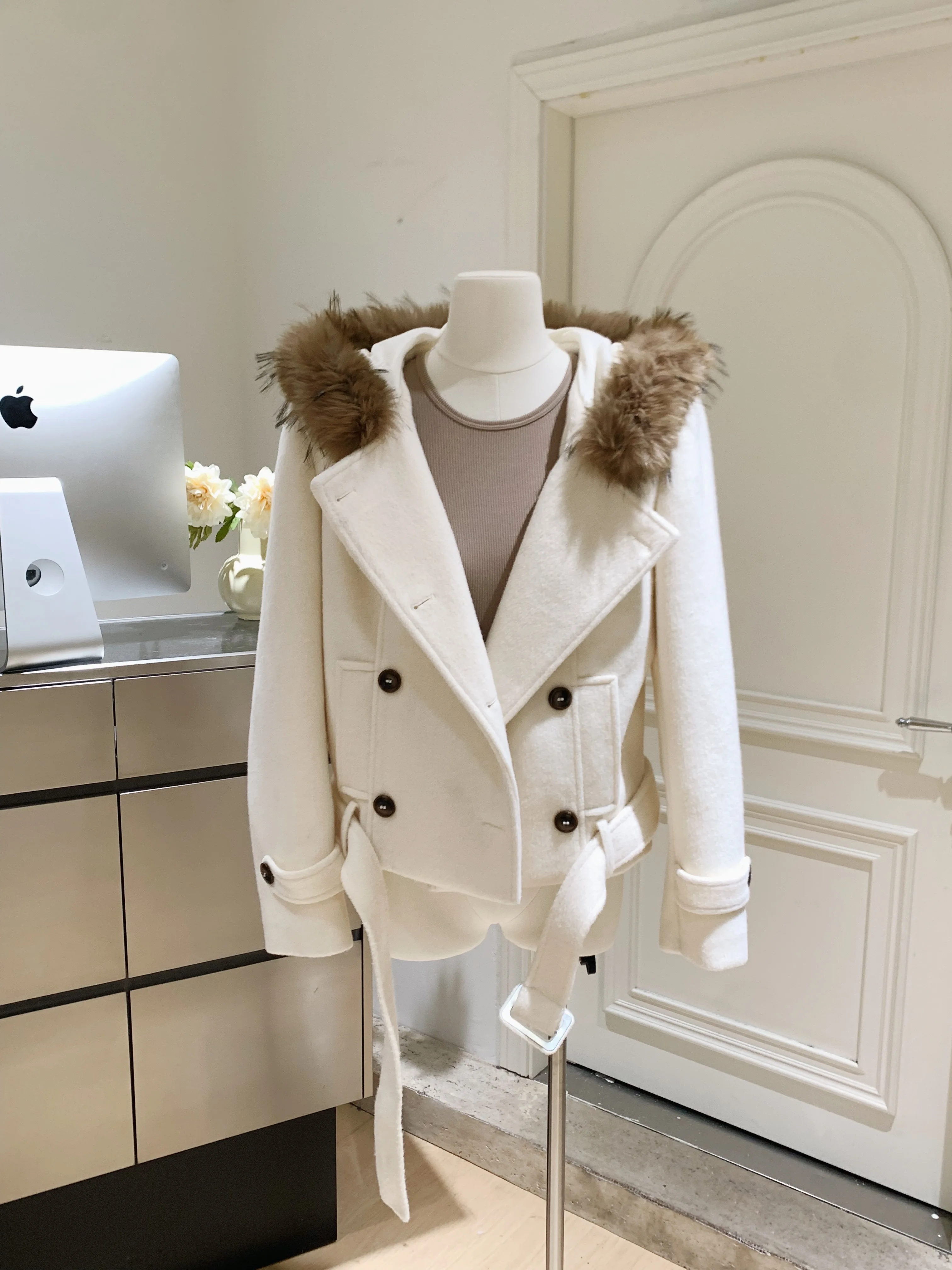 

Женское осенне-зимнее элегантное двубортное короткое пальто из шерсти и смеси, женское свободное верхнее пальто с отделкой из искусственного меха и длинными рукавами, топ