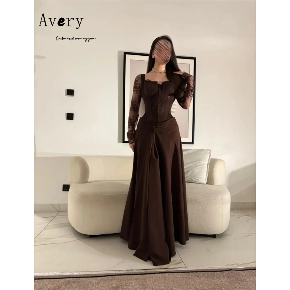 

Avery Custom Brown Long Sleeve Lace A Line Elegant Evening Dresses for Woman Luxury Evening Dress 2026 Woman Ball Gown Dresses