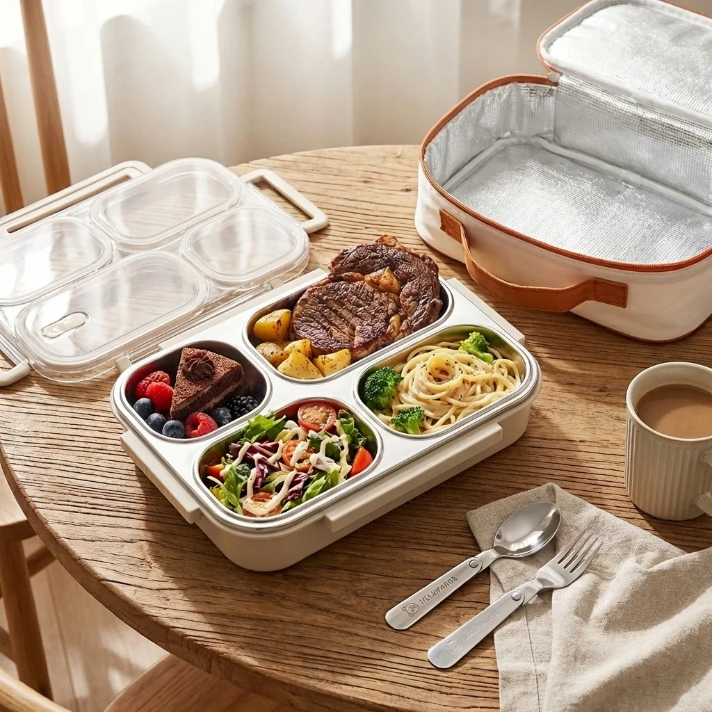 Large Capacity Bento Lunch Box with Compartment Microwave Heatable Leak-proof 304 Stainless Steel Food Container for Students