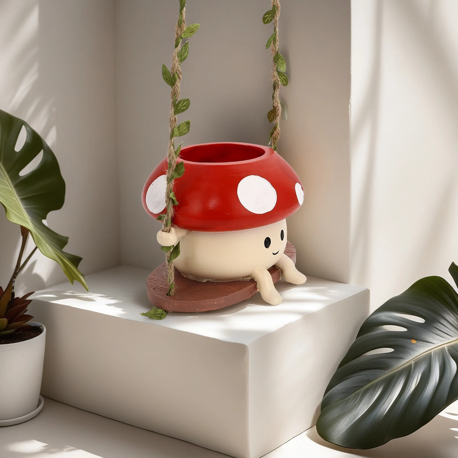 Hanging Succulent Planter Pot Cute Fun Mushroom Swing Face Planter Pot Resin Cartoon Mushroom Vase