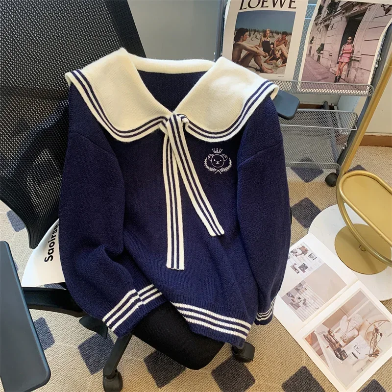 Japanese Cute Bear Embroidered Knit Sweater Women Preppy Style Sailor Collar Jk Knit Top Student Loose Casual Sweater Female