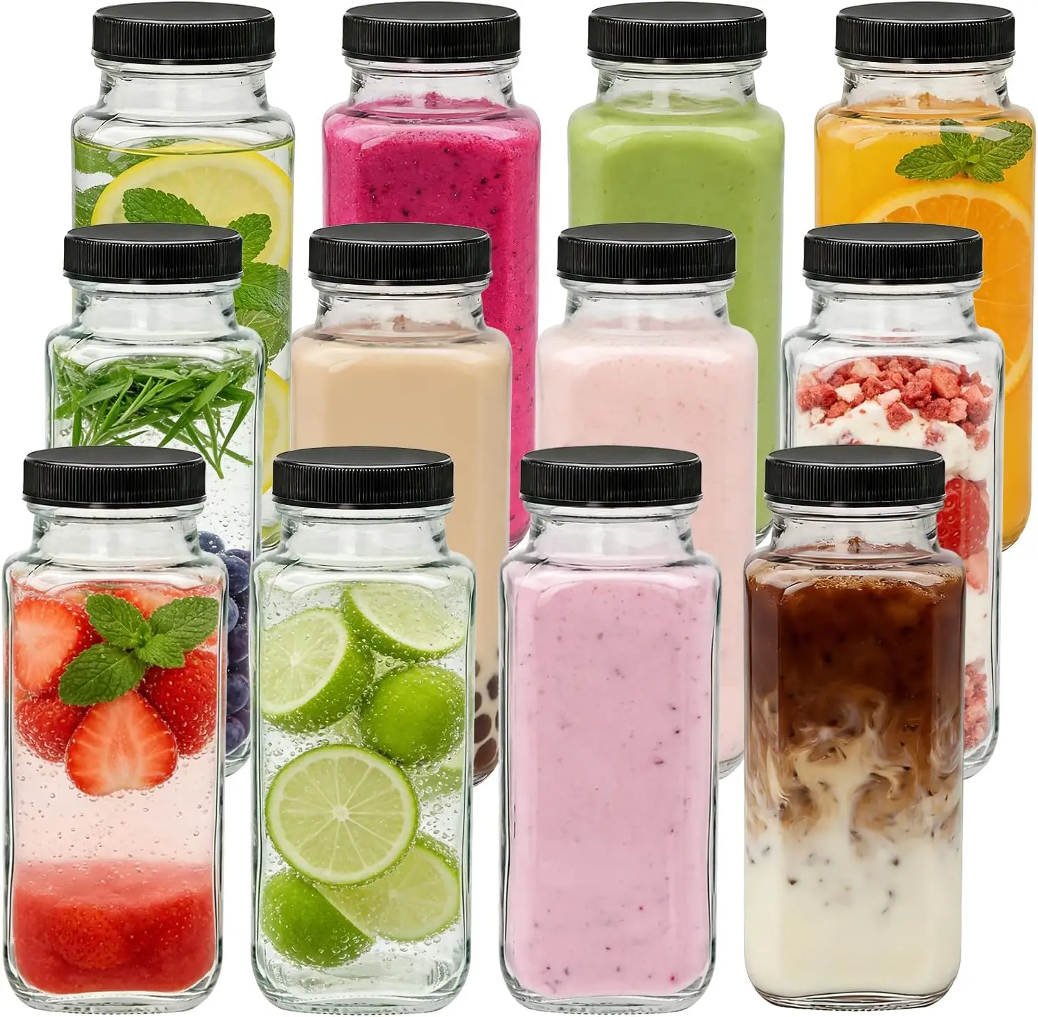 

8oz Reusable Glass Drinking Bottles with Lids, 12 Pack for Juicing, Kombucha, Travel