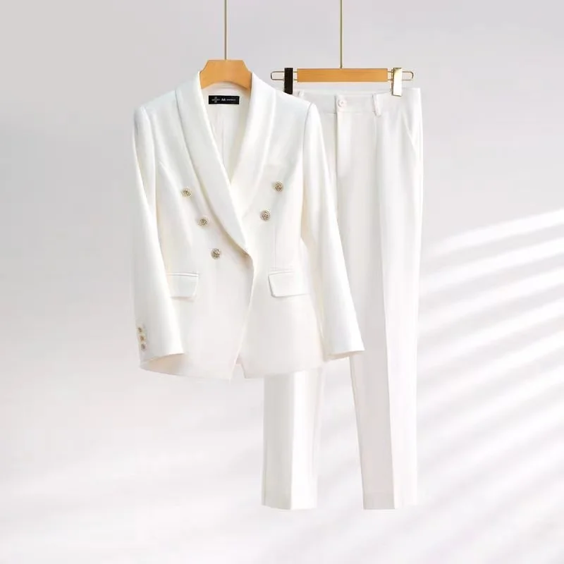 Women Uniform Workwear Trousers Suit Shawl Collar Blazer Jacket Coat Top And Pant Two Piece Set Matching Outfit White Clothing