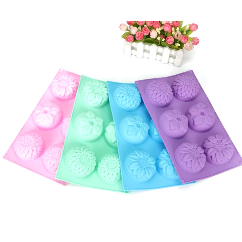 6 Hole DIY Silicone Art Handmade Soap Round Flower Shape Candle Cake Baking Mold